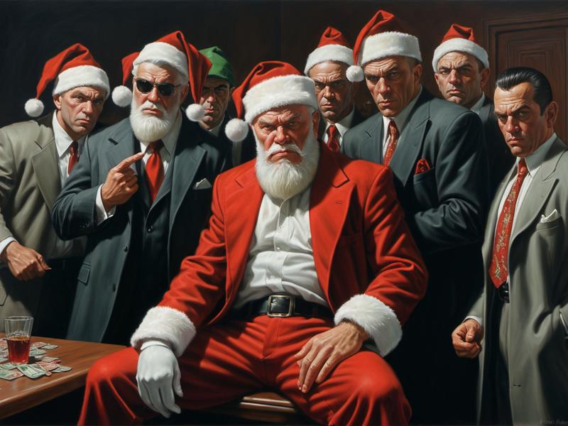 00108--3265227734-Mobster Santa Claus and his thug elves, Mafia, gangster_, a painting by F. Scott Hess.png